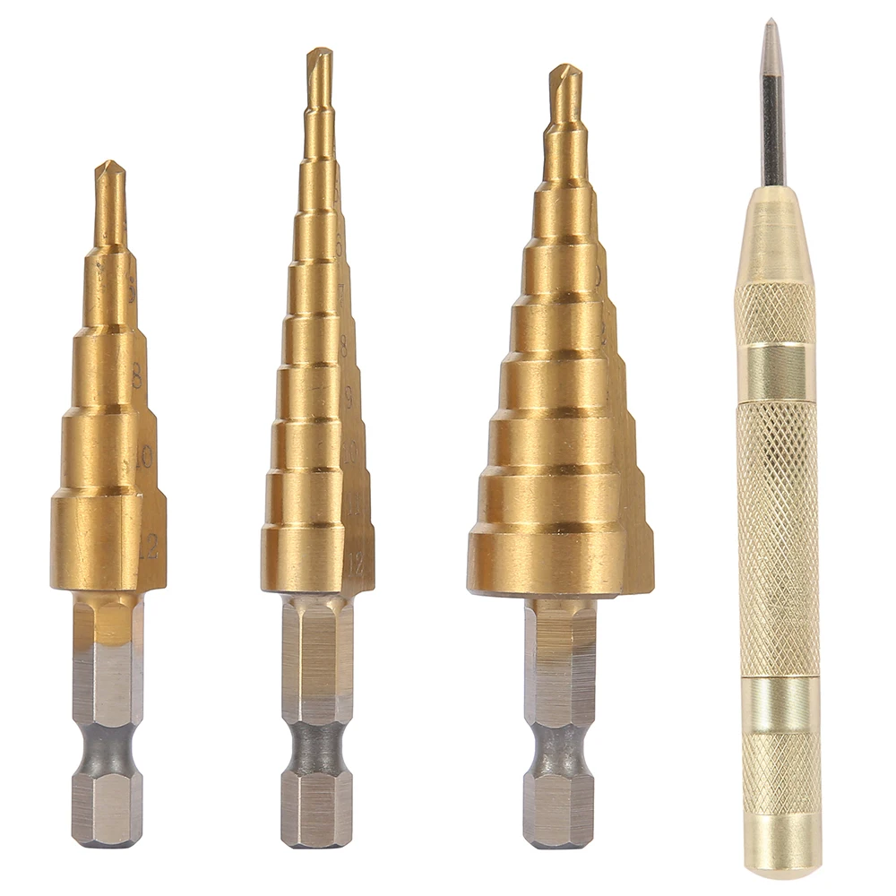 

3 Pcs HSS Titanium Step Drill Bit Set & 1 Pcs Automatic Center Punch Titanium Coated Metal Hex Core Drill Bits