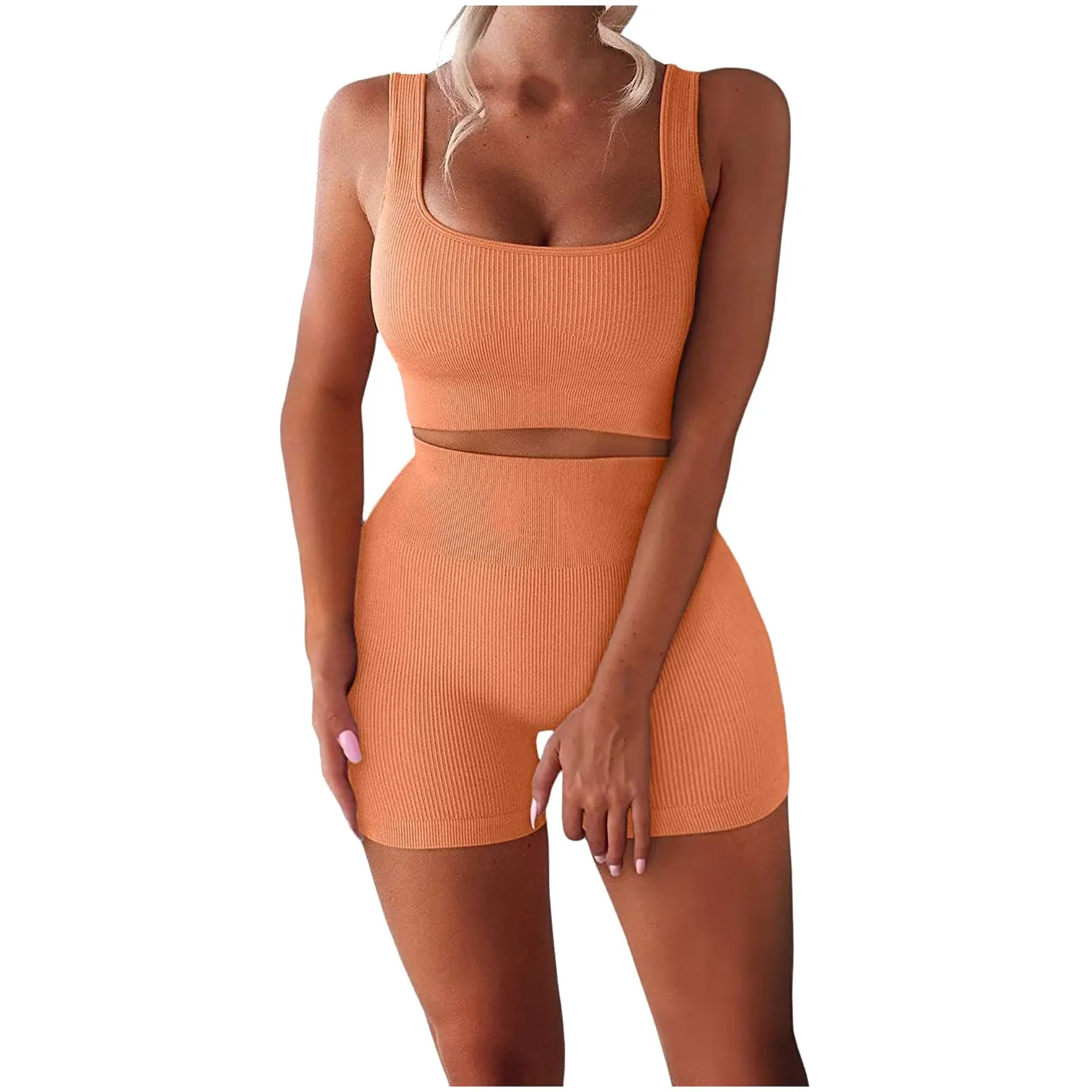 Women's suit спортивный костюм женск Women Sleeveless Seamless Ribbed Crop Tank High Waist Shorts Yoga Outfits Sets 1