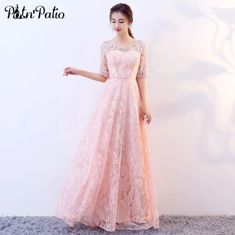 

Pink Lace Evening Dresses With Sleeves Elegant Floor-length Long Formal Dresses 2019 Plus Size Evening Gowns For Women