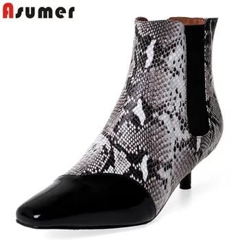 

ASUMER 2020 new arrival genuine leather ankle boots women snake square toe autumn winter boots thin heel sexy party shoes woman