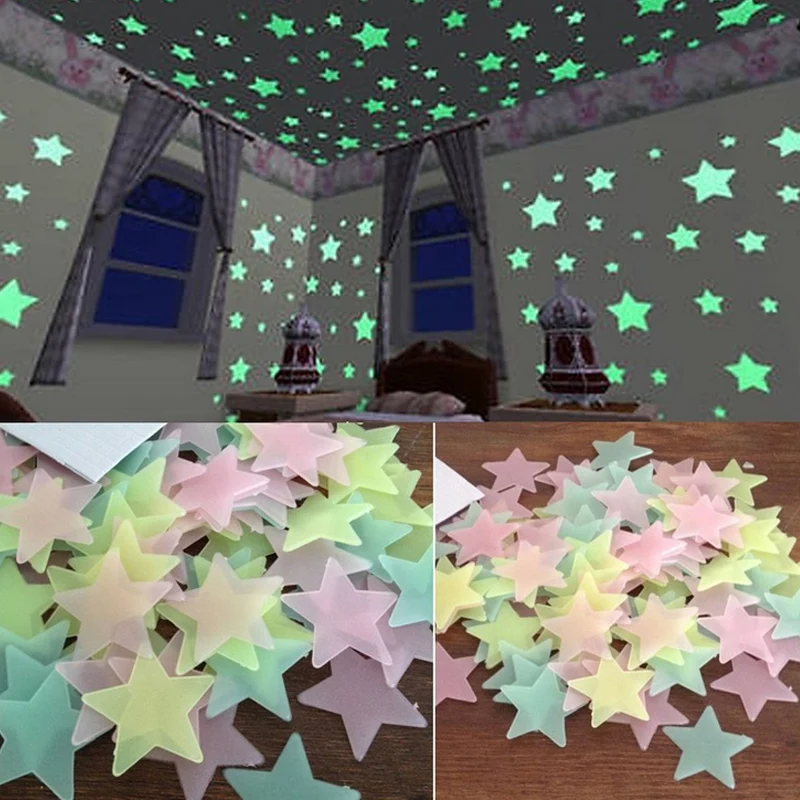 

3D Star and Moon Energy Storage Fluorescent Glow In the dark Luminous on Wall Stickers for Kids Room living room Decal