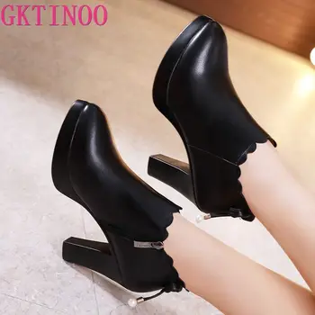 

GKTINOO Women Leather Shoes Autumn Pointed Toe Platform Female Pumps Casual Square High Heels Ladies Single Shoes Plus Size