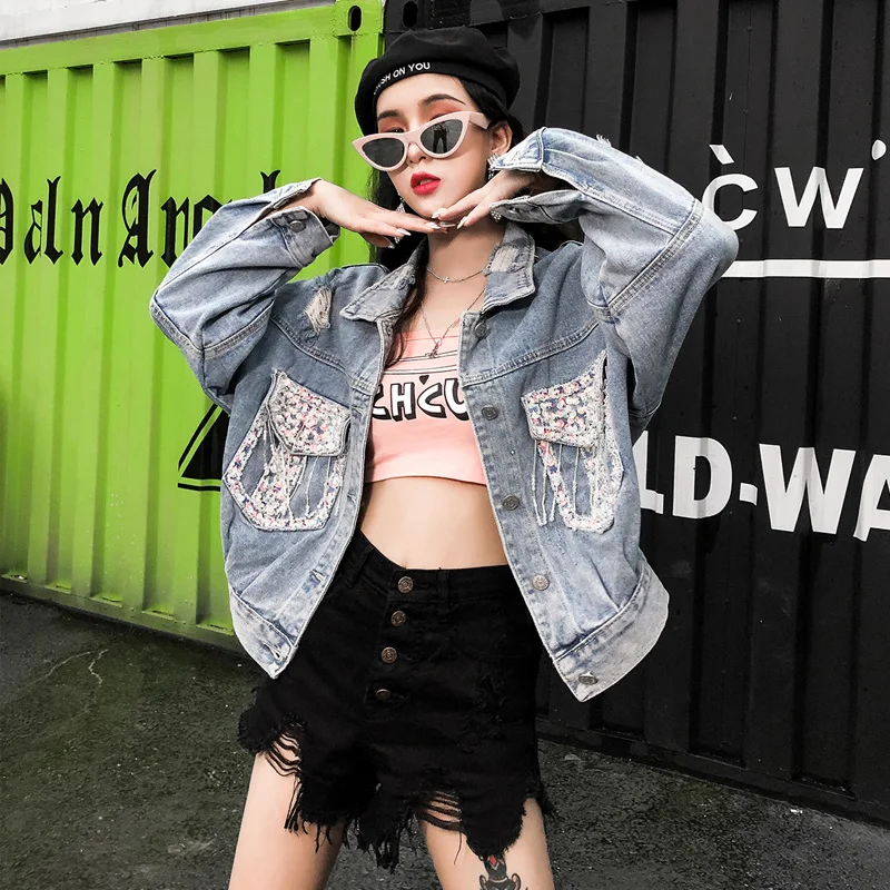 

Spring Short Loose Diamond Sequins Beading Tassel Hole Denim jacket Women Chaquetas para mujer Bat sleeves Blue Casual Jean coat
