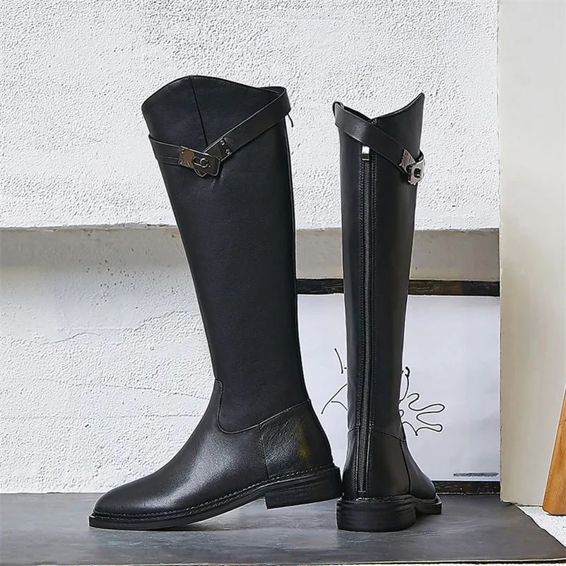 Meotina/осенние сапоги для верховой езды; женские сапоги до колена из натуральной кожи на плоской подошве; обувь на молнии с круглым носком; женская зимняя обувь; размеры 34-39