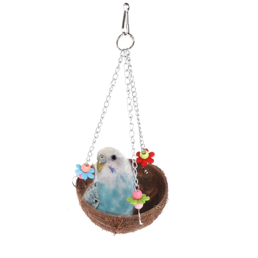 Natural Coconut Shell Bird Nest Cage Feeder Hanging Standing Toys For Pet Parrot Bird Nest bird house