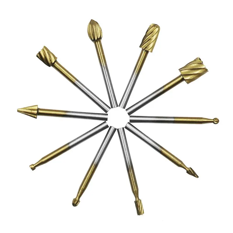 10pcs Titanium Dremel Routing Wood Rotary Milling Rotary File Cutter Woodworking Carving Knife Engraving Tool
