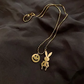 

Korean Cute Rabbit Smile Pendant Necklaces for Women Gold Color Chain Beads Animal Coin Asymmetric Chokers Necklace Accessories