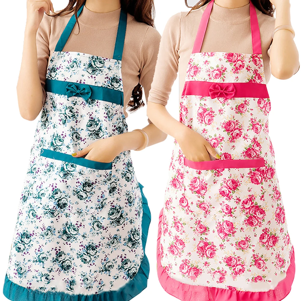 Women Floral Bowknot Waterproof Kitchen Restaurant Cooking Pocket Dress Apron