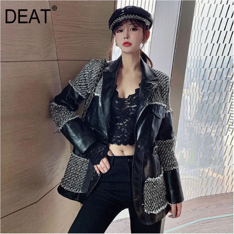 

DEAT 2020 New Spring Lapel Hit Color Belt Splice Woolen Coat Women Streetwear Loose Warm High Quality Slim Tweed Coat Tide PD429