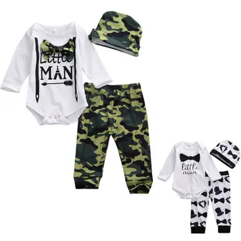

2019 long sleeve Little Man print outfit set for Infant Baby Boy white Romper top Pants hat 3 pcs autumn Jumpsuit Outfit