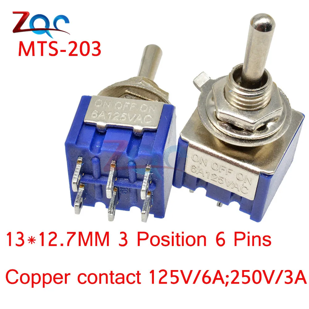 5 шт. Мини авто MTS-203 тумблер 6 контактов 3 положения защелкивая SPDT DPDT MTS203 ВКЛ-ВЫКЛ-ВКЛ 125VAC 6A/5A 250VAC 3A/2A монтаж