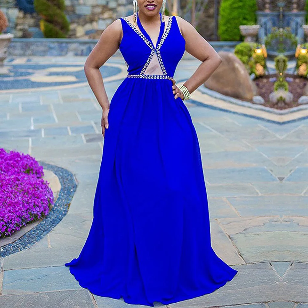 Evening Party Dress Blue Plain Floor Length Sleeveless Halter Diamonds 2020 Summer Elegant Wedding Vestidos Dresses Wholesale | Женская