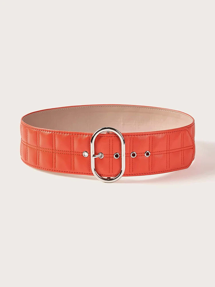 

Women's Wide Solid Belt Plaid Pattern PU Leather Round Buckle Casual Waist Belt Decoration Vintage Female Waistband