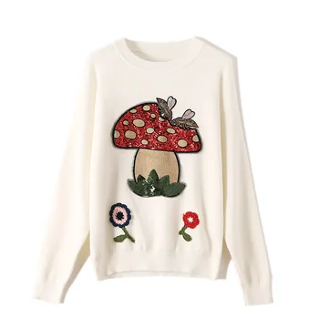 

Autumn Winter Flower Mushroom Bee Sequins Sweater Women Pullover Tops Long Sleeve Casual Outerwear Pull Femme TA1121