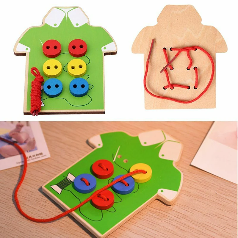 Kids Sew On Buttons Early Educational Toy Children Beads Lacing Board Wooden Toy