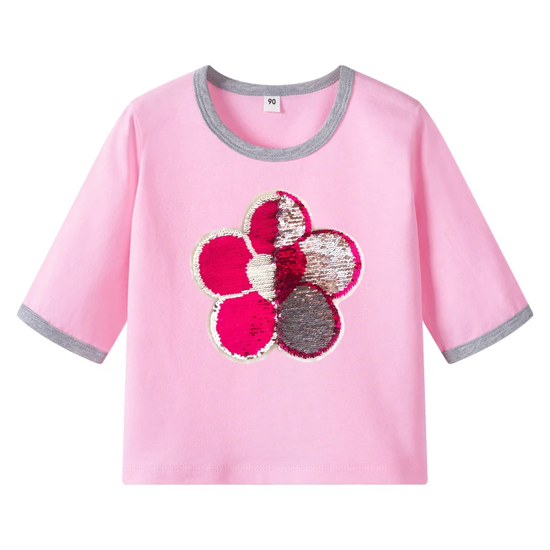 Футболки с цветочным узором для девочек; осенний топ с длинными рукавами и оборками; детская футболка с блестками; Двусторонняя Футболка с блестками для девочек; детская одежда для девочек-подростков - Цвет: Розовый