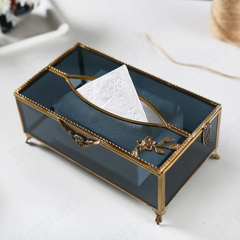 

Креативный рельефный каркас, стеклянные коробки для салфеток, Классическая европейская ретро латунная отделка, черное стекло, коробка для хранения бумажных полотенец, украшение для дома