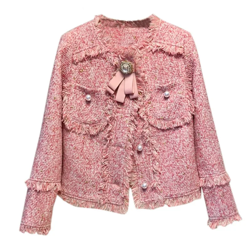 

Boho Inspired Pink Tweed jacket with fringe 2019 new high fashion jacket blazer women ladies tweed coat with bow chic outwear