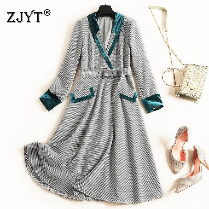 

High Quality Designer Woman Dress Autumn Winter Clothes 2019 New Fashion Long Sleeve V Neck Houndstooth Aline Casual Dresses