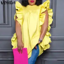 

VONDA Blouse Women Summer Sleeveless Pleated Satin Tops Loose Sexy Solid Ruffled Blouse Bohemian Blusas Oversize Streetwear