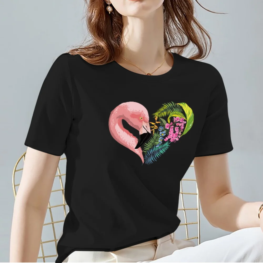 Women Tops Tee Black All-match Casual Ladies T-Shirts O Neck Love Heart Pattern Print Commuter Short Sleeve Women's Clothing