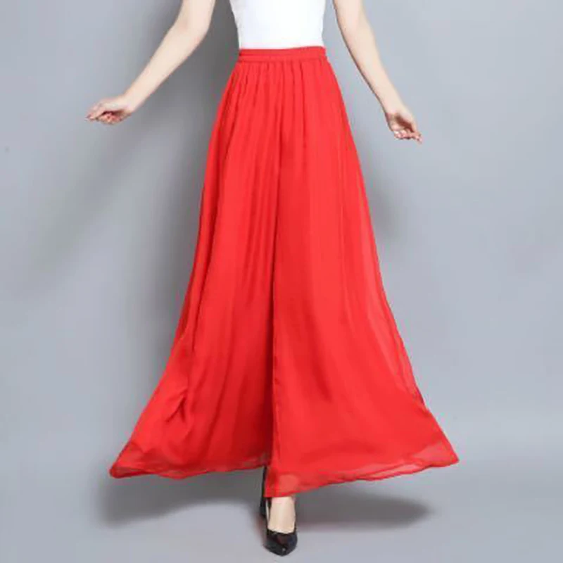 AECU Women Pant Wide Leg Solid Color Culottes Pant Female High Waist Thin Chiffon Plus Size Casual Ladies Culottes Trousers