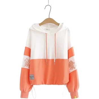 

Women Chinese Letter Embroidery Hoodies Sweatshirt Patchwork Tracksuit 2020 Spring Long Sleeve Sweet Style Girl Casual Pullovers