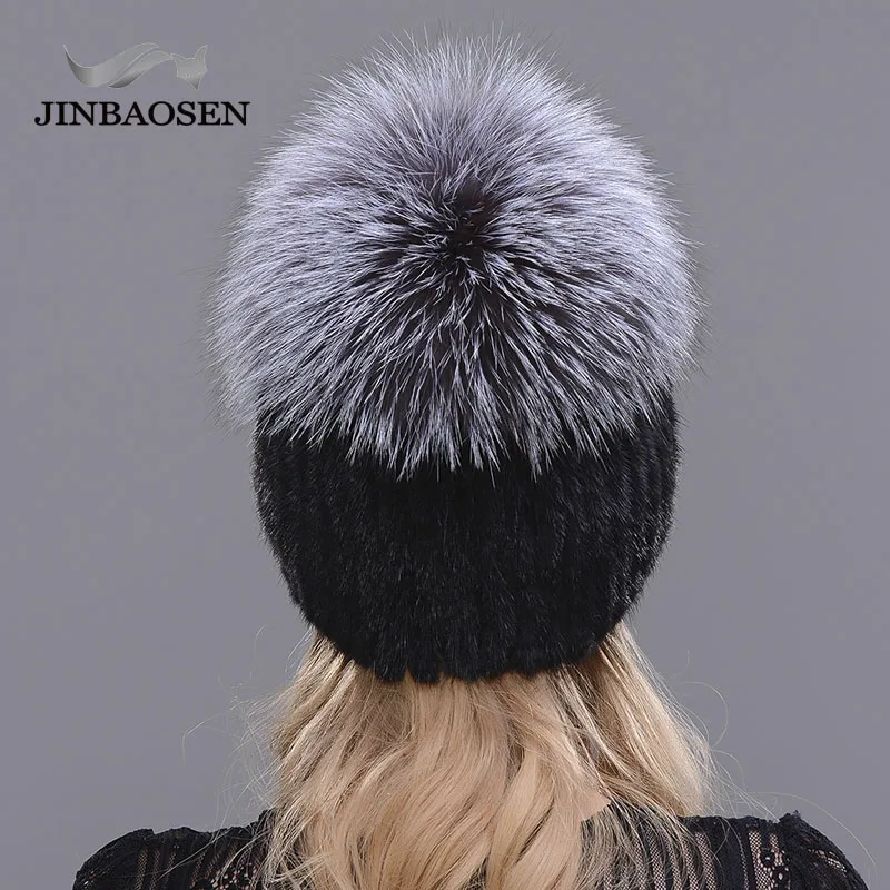 JINBAOSEN горячая Распродажа модные зимние теплые женские вязаные шапки норковые шапки с лисьим мехом вертикальный тканый Топ