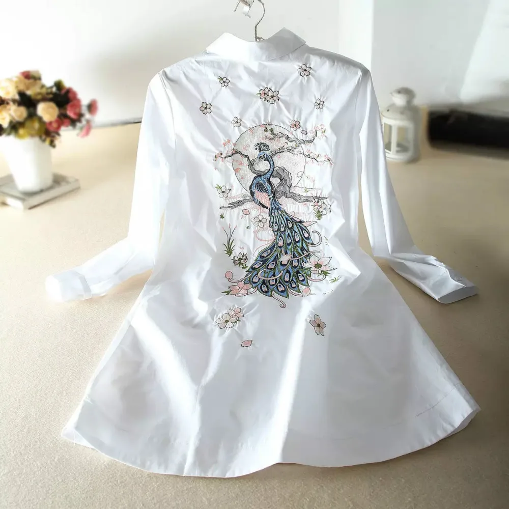 Autumn New Cotton Women Letter Embroidery White Shirts Office Lady Long Loose Casual Blouse Outwear Tops