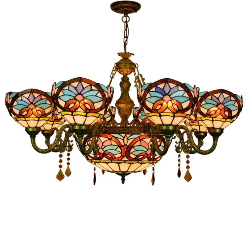 

Luxurious Tiffany Baroque Led Large Pendant Light for Restaurant Foyer Bar American Country Vintage Glass Suspension 1210