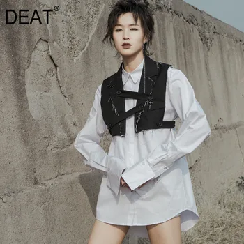 

DEAT 2020 New Spring Summer Lapel Neck Sleeveless Short Button Bandage Spliced Irregular Personality Vest Women Fashion JY514