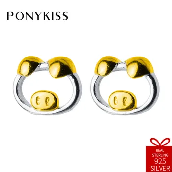 

PONYKISS Trendy 100% 925 Sterling Silver Chic Golden Pig Stud Earrings Women Party Fine Jewelry Girl Birthday Delicate Cute Gift
