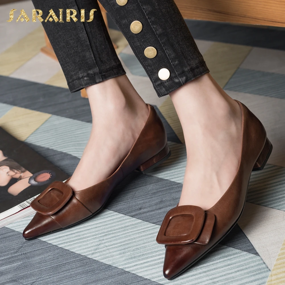 

Sarairis New Arrivals Genuine Cow Leather Pointed Toe Pumps Woman Shoes Slip On Chunky Heels Summer Shoes Women Pumps Female