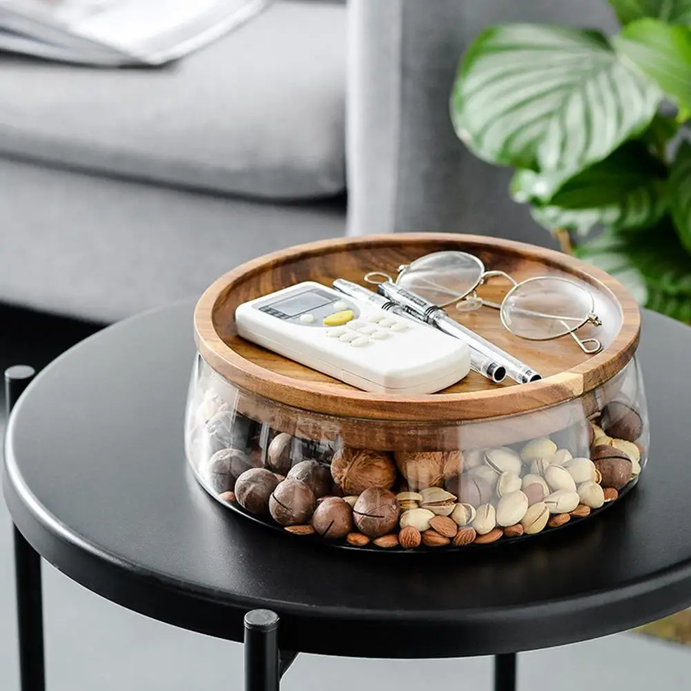 US $25.55 Glass Plate Fruit Nut Dried Storage Box Container Double Layer Candy Storage Box Fruit Tray With Wooden Lid For Home Kitchen