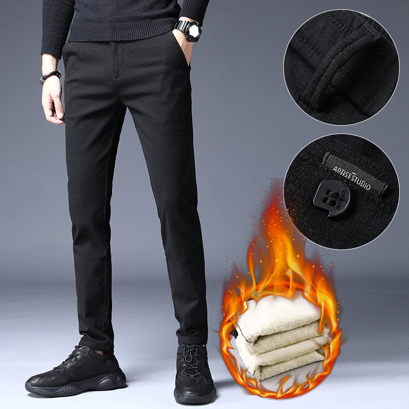 Новые толстые плюс бархатные мужские повседневные штаны черные серые коричневые