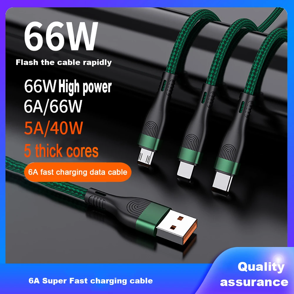

FLOVEME 3-in-1 Data Cable 6A 66W Flash Charging for iPhone 12 11 iPad Xiaomi 11 Lite Huawei OPPO Phone Super Fast Charging Cable
