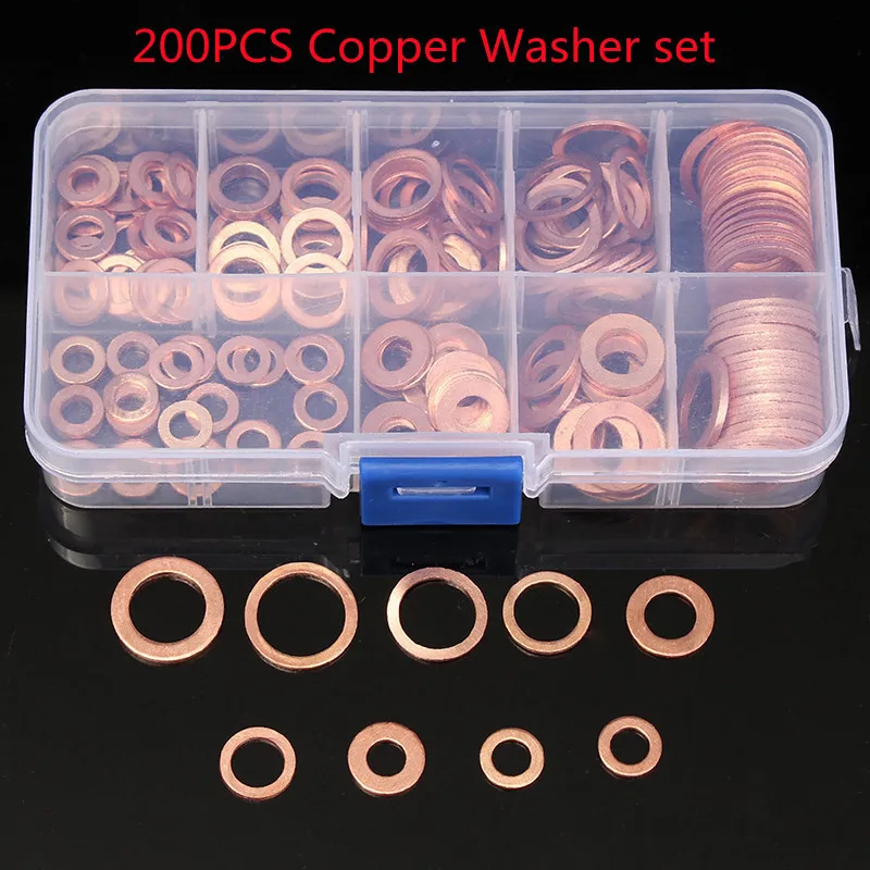 200Pcs Copper Washer Gasket Nut and Bolt Set Flat Ring Seal Assortment Kit with Box M5-M14 for Sump Plugs | Строительство и