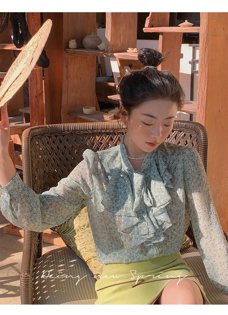 Женская шифоновая рубашка на завязках Свободный Топ с цветочным принтом и