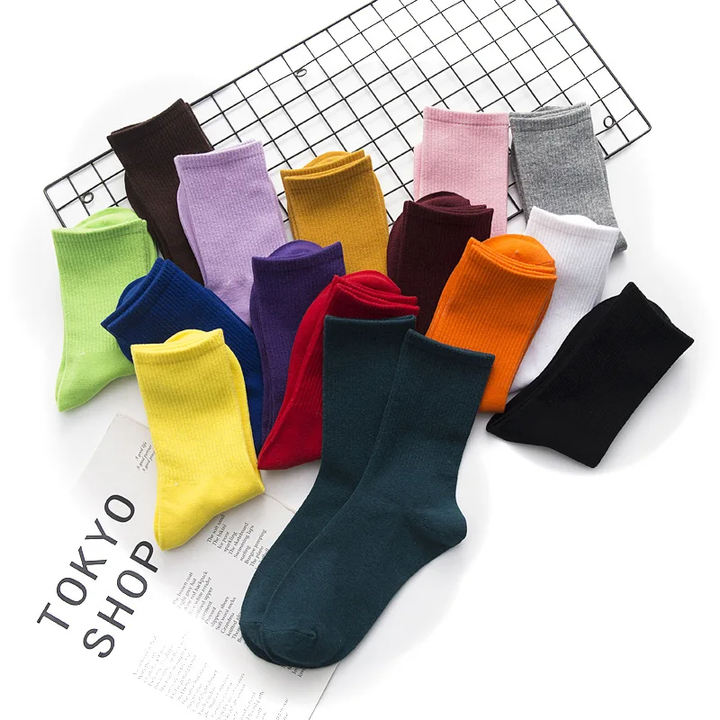 Женские носки, трендовые однотонные длинные хлопковые носки с высоким верхом, хлопковые носки для отдыха, Носки ярких цветов на осень и зиму
