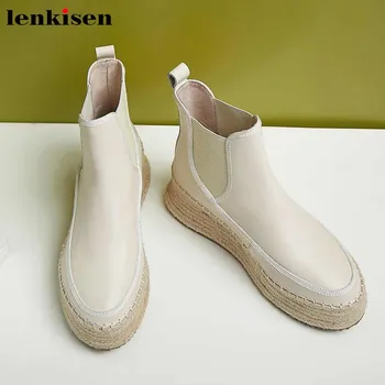 

Lenkisen classic solid simple style genuine leather round toe high heels thick bottom winter warm fashion maiden ankle boots L33