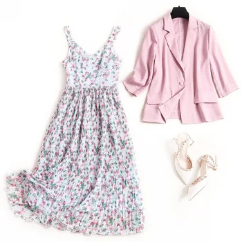 

Eureka] 2020 spring suit suit suit skirt coat double V-neck printed suspender skirt two piece set 14096