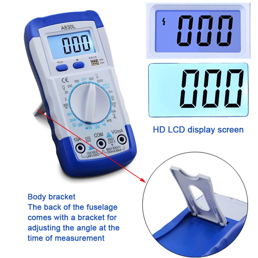 Digital Multimeter Multimeter Tester 1Pcs A830L LCD Digital Multimeter AC DC Voltage Diode Freguency Multitester Current Tester Luminous Display Buzzer Function