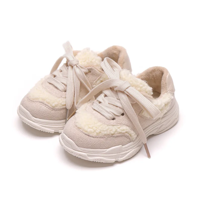 ULKNN Kids Wool Shoes Winter Baby Fur Shoes Lace Up Boys Sneakers White Shoes Warm Cotton Shoes Leather School Sport Trainers