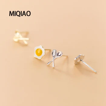 

MIQIAO 925 Sterling Silver Gold Earrings For Women Poached Egg Female Studs Asymmetrical Knife Fork Fashion Jewelry Accessories