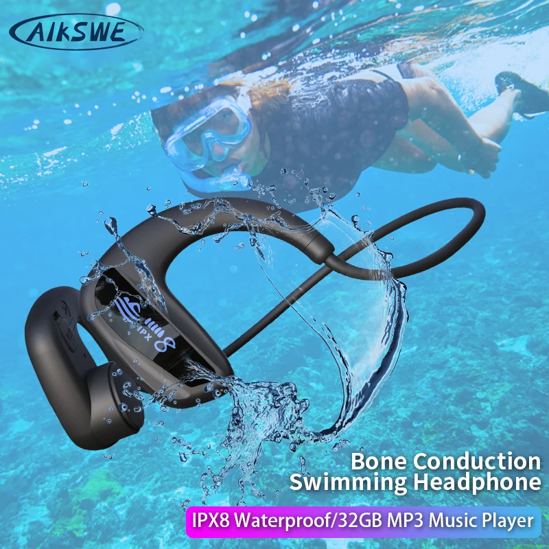 Aikswe Bone Conduction Swimming Ipx8 Waterproof Headphone Wireless Bluetooth Earphone 32gb Mp3