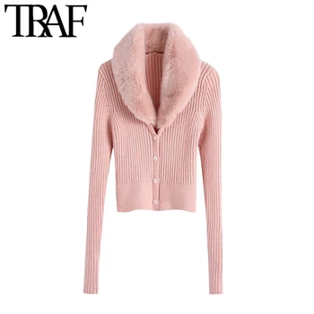 

TRAF Women Fashion Patchwork Faux Fur Knitted Cardigan Sweater Vintage Long Sleeve Button-up Female Outerwear Chic Tops