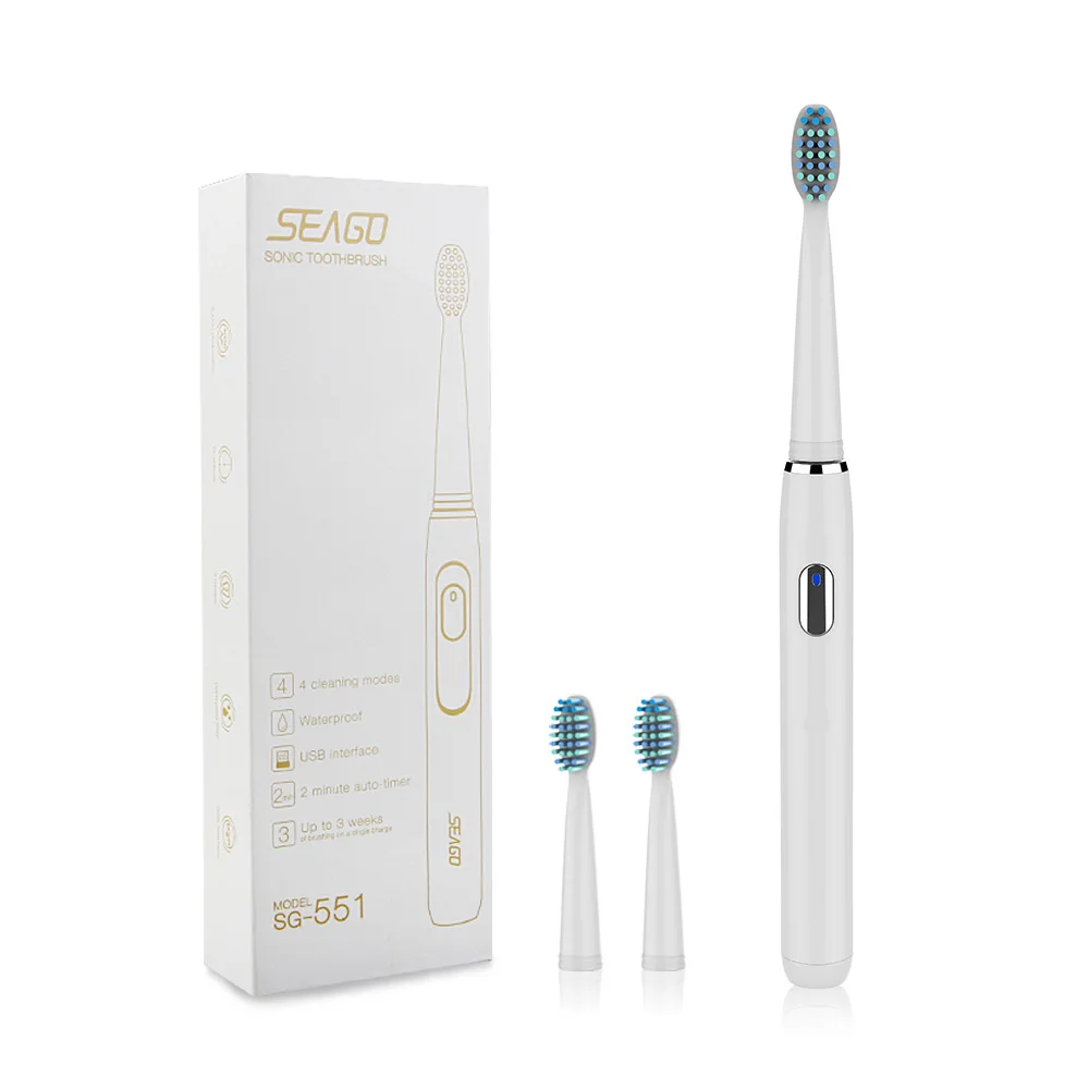 Seago Sonic электрическая зубная щетка SG-551 для взрослых Дорожная щетка 4 режима USB зарядное устройство перезаряжаемые сменные головки зубных щеток Набор - Color: 551 white 3 heads