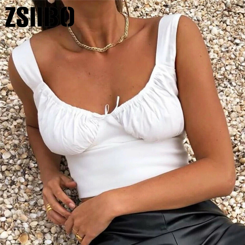 Women Summer Milkmaid Crop Tops Tanks Summer White Ruched Bow Slim Camis Ladies Wide Strap Tees Skinny Femme Camisole clothes