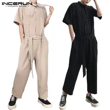 INCERUN, модные мужские комбинезоны-карго, Свободные Комбинезоны с коротким рукавом, одноцветные уличные штаны, мужские повседневные комбинезоны размера плюс 7