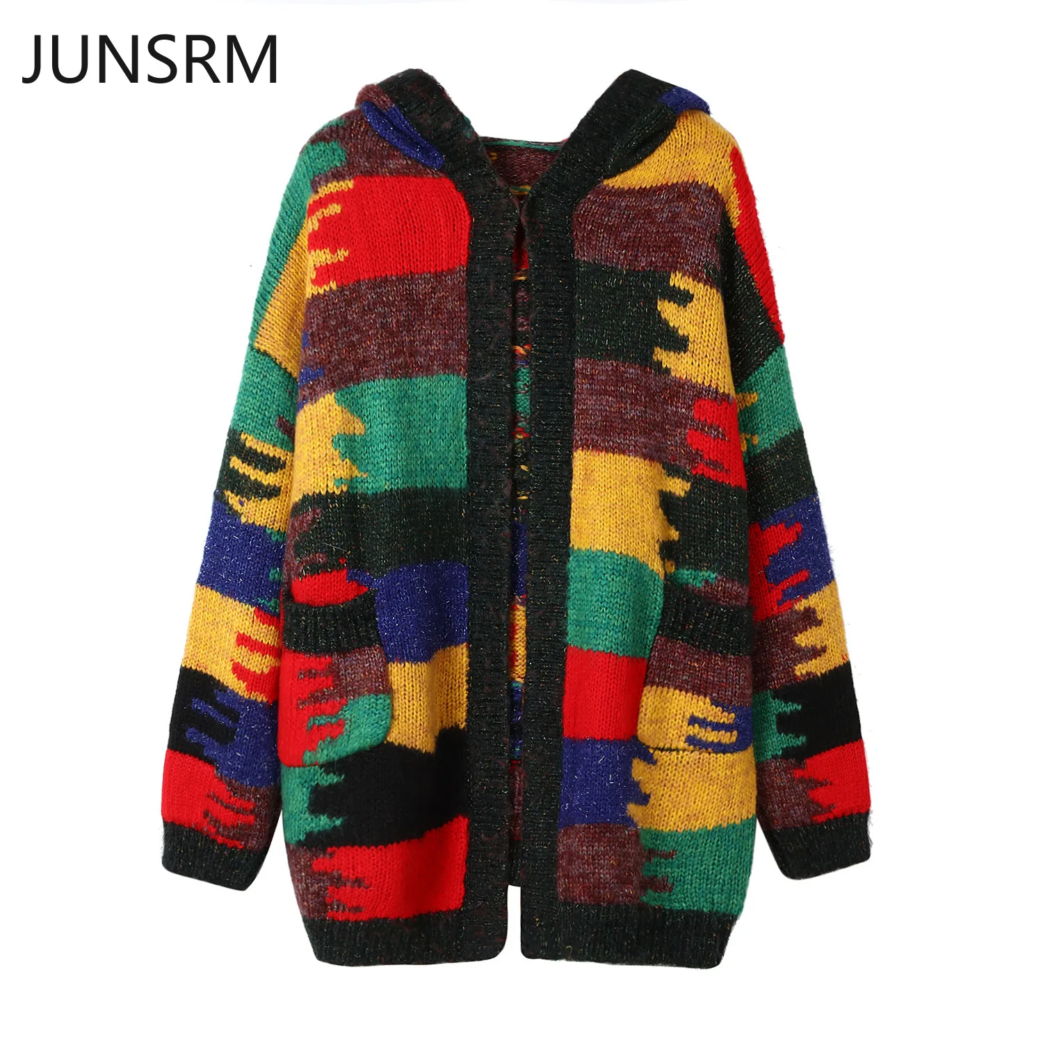 

Sweater Women Cardigan Loose Lazy Hooded Contrast Stitching Long Wool knitted Cardigan Sweater Jacket Women winter clothes women